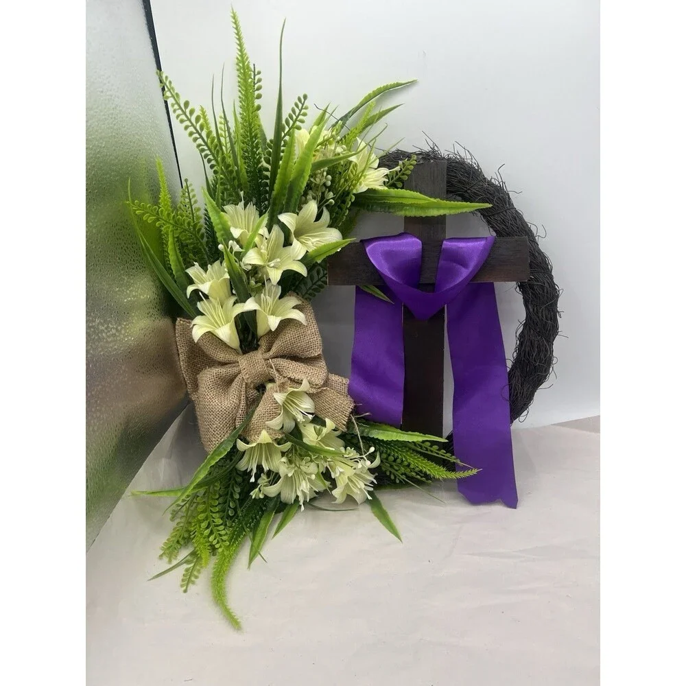 Easter Wreath Door Hanging Decoration with Cross,Bouquet Garland 12”